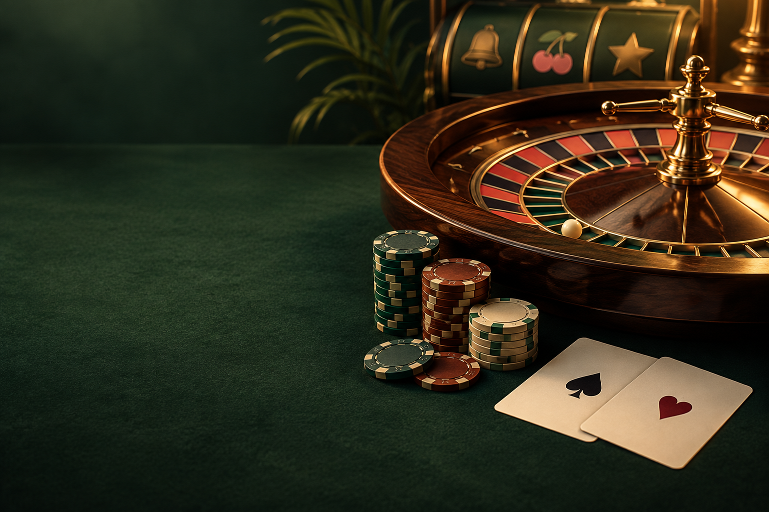 Roda roulette, kartu, dan keping kasino dalam cahaya tembaga