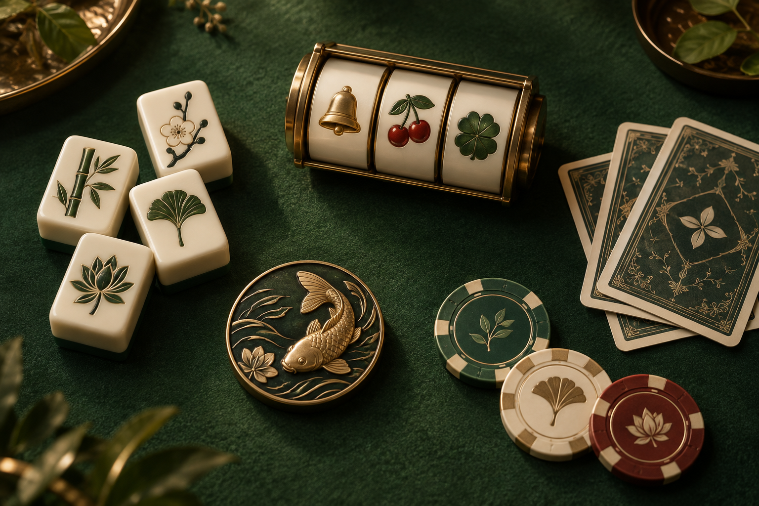 Gulungan slot, ubin, kartu, dan keping di meja kasino